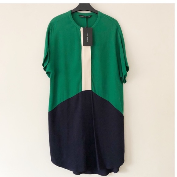 NWT ZARA COLORBLOCK NAVY GREEN TUNIC TOP DRESS - Picture 5 of 13